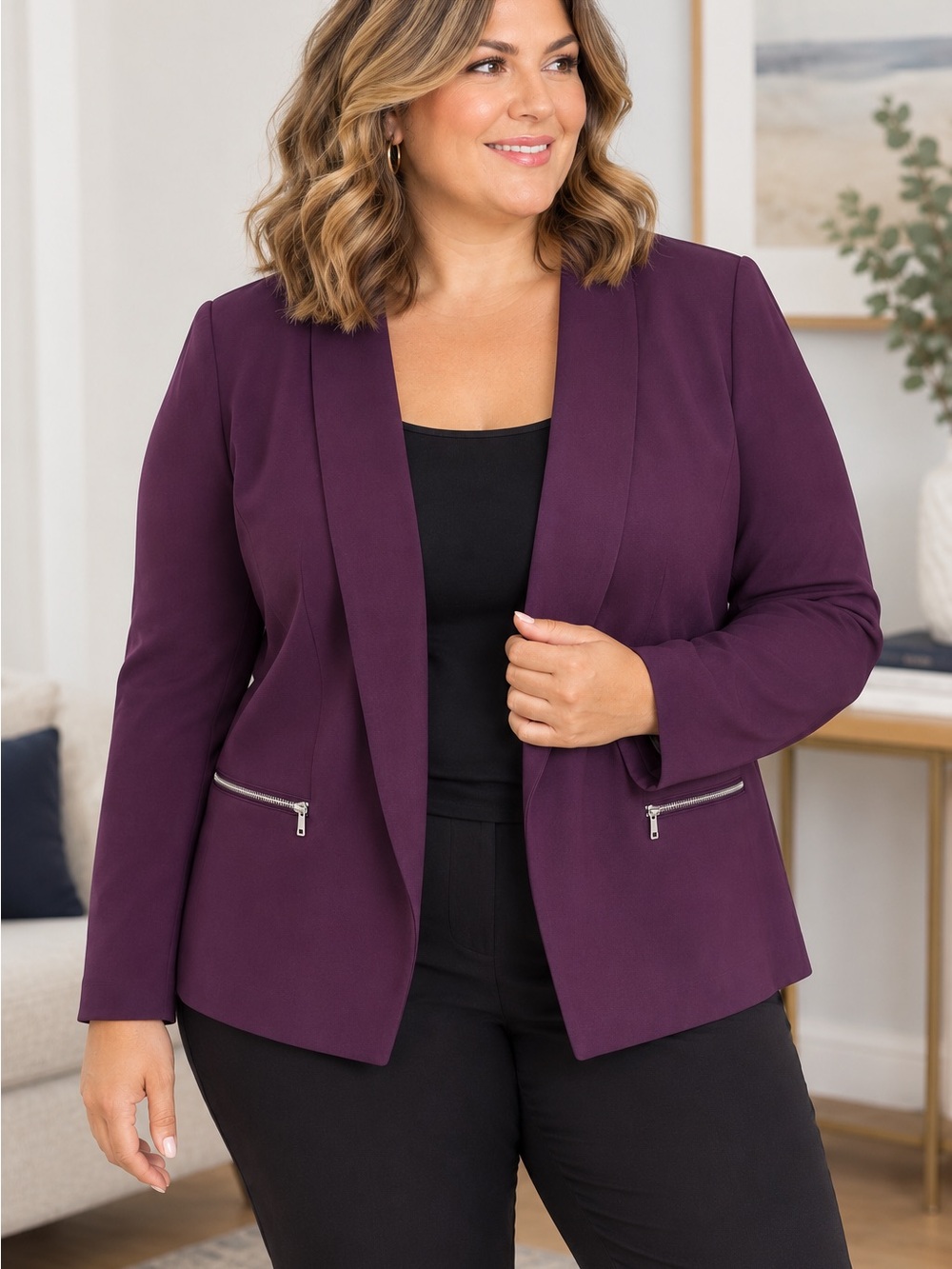 Ricki's Plum Open-Front Blazer with Silver Zip Detail